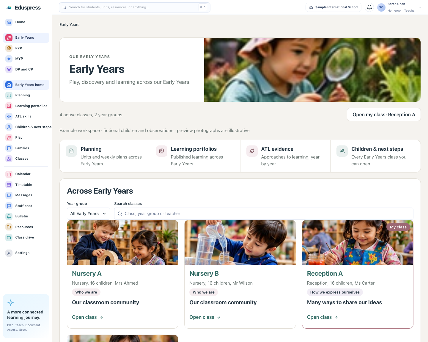 The Early Years board: its photographic banner, planning, learning portfolios and evidence, and a card for every class across the phase.