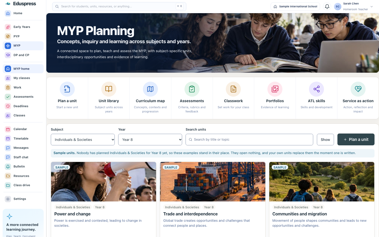 MYP Planning: its banner, the eight workspace entrances, and subject and year filters above the units.