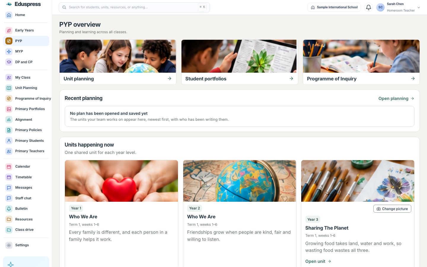 The PYP overview: unit planning, student portfolios and the programme of inquiry, with recent planning and the units each year is teaching now.