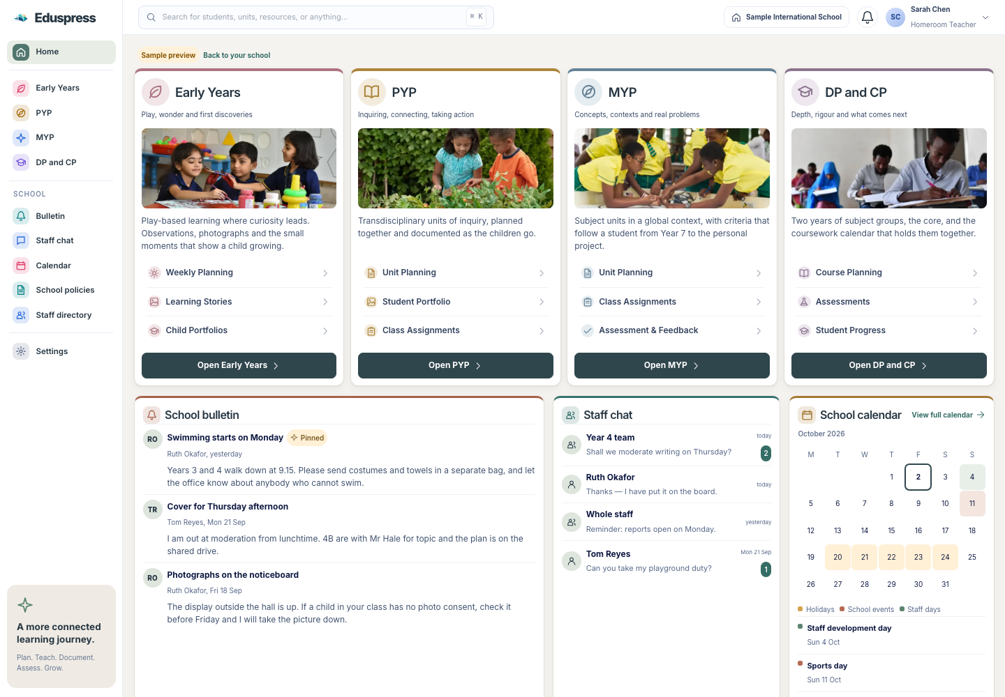 The Eduspress home screen: a card for each programme, the school bulletin, staff chat and the school calendar, beside the school's own navigation.